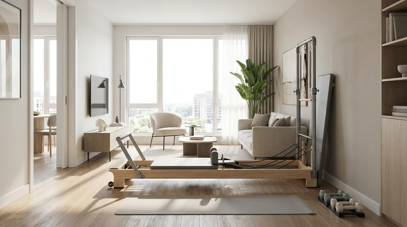Reformer plegable en un salón moderno listo para entrenar en casa.
