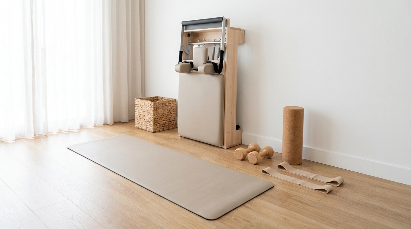 A compact Pilates home studio setup showing essential starter equipment.