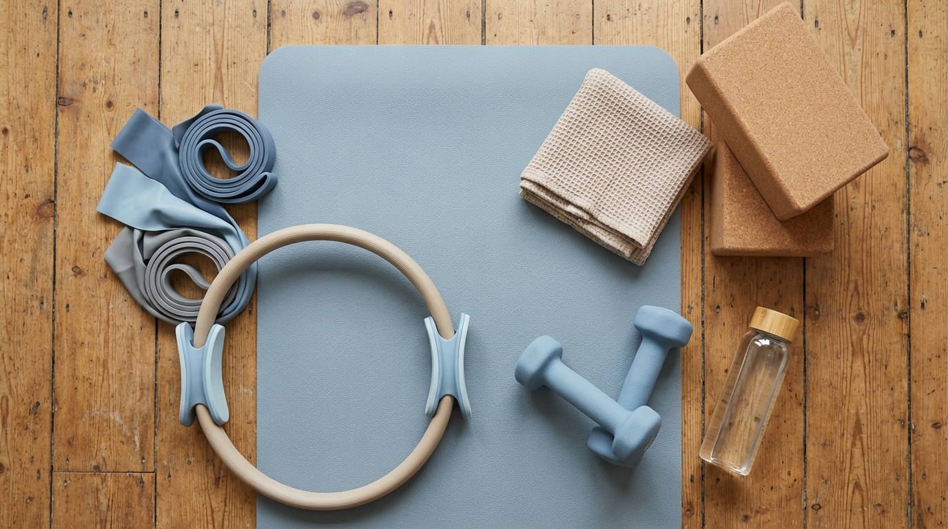 Core Pilates tools a beginner might include in their first home setup.