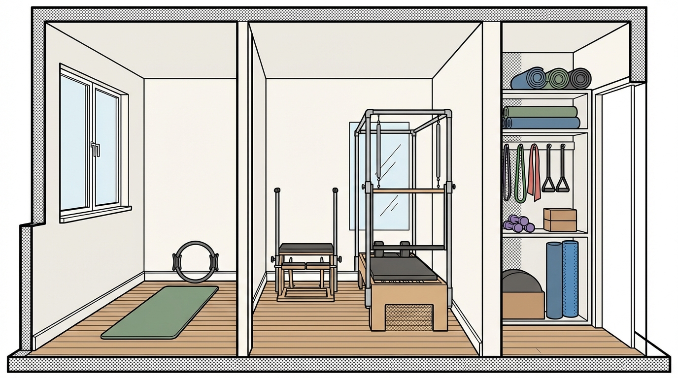 An example layout of a small room organized as a Pilates home studio.